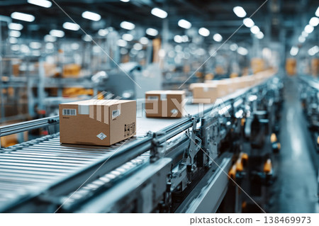 Sealed products travel along a conveyor belt in a factory. Workers manage the packaging process. The factory is busy with operations throughout the day 138469973