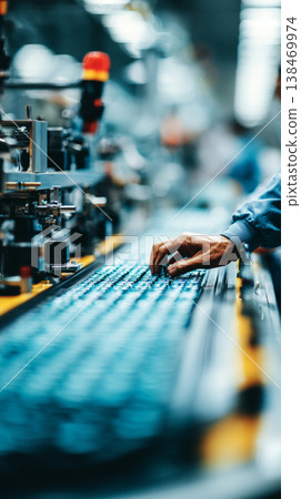 A worker checks finished products moving along a conveyor belt as part of the quality control process in a factory. The focus is on ensuring precision and detail in the work A worker checks finished products moving along a conveyor belt as part of the quality control process in a factory. The focus is on ensuring precision and detail in the work 138469974