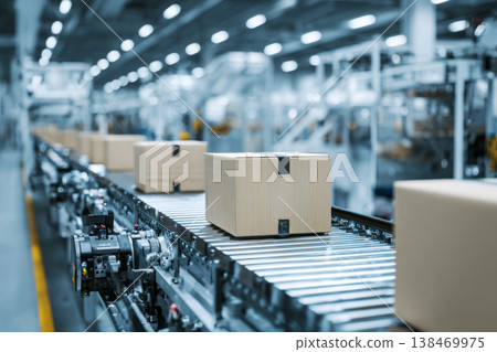 Cardboard packages flow efficiently on a modern roller conveyor belt within a large, brightly lit automated packaging facility Cardboard packages flow efficiently on a modern roller conveyor belt within a large, brightly lit automated packaging facility 138469975