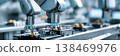 Intelligent manufacturing equipment with integrated sensors operates on a metal part. The machinery is located in a factory where tasks are automated and precise 138469976