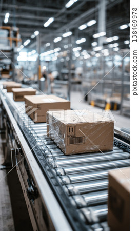 Sealed products travel along a conveyor belt in a factory. Workers manage the packaging process. The factory is busy with operations throughout the day Sealed products travel along a conveyor belt in a factory. Workers manage the packaging process. The factory is busy with operations throughout the day 138469978