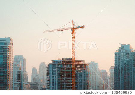 A tower crane stands tall above an unfinished high rise building. Other tall buildings surround the site. The scene shows an active construction area in a busy city during daylight A tower crane stands tall above an unfinished high rise building. Other tall buildings surround the site. The scene shows an active construction area in a busy city during daylight 138469980