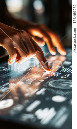 Hands interact with a touchscreen device showing detailed supply chain data and analytics in a bright, modern office space. The focus is on the fingertips and the screen Hands interact with a touchscreen device showing detailed supply chain data and analytics in a bright, modern office space. The focus is on the fingertips and the screen 138469981