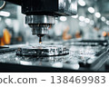 Intelligent manufacturing equipment with integrated sensors operates on a metal part. The machinery is located in a factory where tasks are automated and precise 138469983