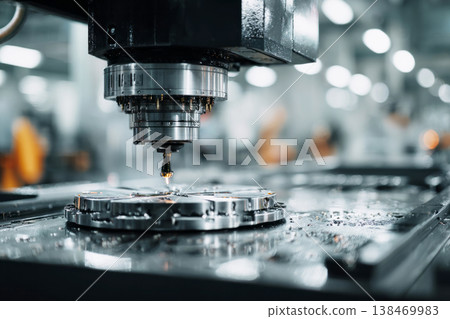 Intelligent manufacturing equipment with integrated sensors operates on a metal part. The machinery is located in a factory where tasks are automated and precise Intelligent manufacturing equipment with integrated sensors operates on a metal part. The machinery is located in a factory where tasks are automated and precise 138469983
