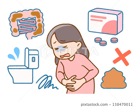 便秘導致腹痛的女性插圖 | 腹痛、腸道健康、壓力 138470011