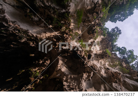 Upward view from inside Batu Caves near Kuala Lumpur, Malaysia. Showing a natural opening in the limestone cave with sunlight and greenery. Upward view from inside Batu Caves near Kuala Lumpur, Malaysia. Showing a natural opening in the limestone cave with sunlight and greenery. 138470237