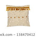 Pillow isolated. Cushion   hand made  with pattern,  fringed and pom pom, for sofa. 138470412