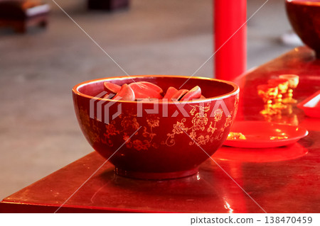 Red Offering Bowl at Hongludi Nanshan Fude Temple in Taiwan Red Offering Bowl at Hongludi Nanshan Fude Temple in Taiwan 138470459