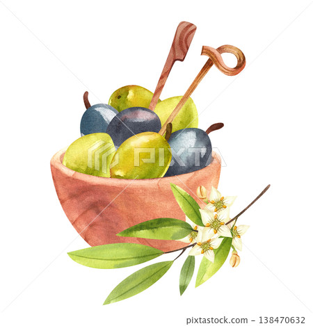 Ripe green and dark olives in a wooden bowl with a flowering branch, isolated watercolor illustration. Hand-drawn Mediterranean plants in a simple rustic style for a food festival theme. Ripe green and dark olives in a wooden bowl with a flowering branch, isolated watercolor illustration. Hand-drawn Mediterranean plants in a simple rustic style for a food festival theme. 138470632