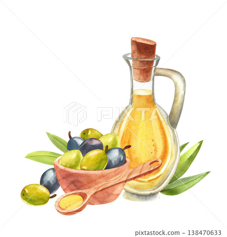 Olive oil in a glass jug with a green sprig and fruit in a wooden bowl. Hand drawn watercolor illustration of Mediterranean plants in a simple, rustic style for a food festival. Olive oil in a glass jug with a green sprig and fruit in a wooden bowl. Hand drawn watercolor illustration of Mediterranean plants in a simple, rustic style for a food festival. 138470633