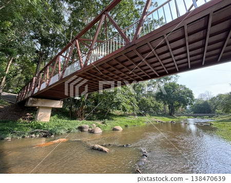 Rusty Metal Footbridge Over a Peaceful Stream in Tropical Park Rusty Metal Footbridge Over a Peaceful Stream in Tropical Park 138470639