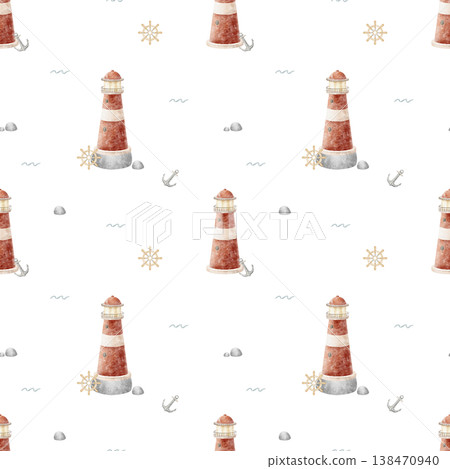 Pattern watercolor red lighthouse, anchor, steering wheel, waves, rocks. Illustration is hand-drawn in childish style. Print on an isolated background for textiles, fabrics, baby clothing, wallpaper Pattern watercolor red lighthouse, anchor, steering wheel, waves, rocks. Illustration is hand-drawn in childish style. Print on an isolated background for textiles, fabrics, baby clothing, wallpaper 138470940