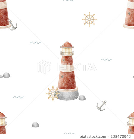 Pattern watercolor red lighthouse, anchor, steering wheel, waves, rocks. Illustration is hand-drawn in childish style. Print on an isolated background for textiles, fabrics, baby clothing, wallpaper Pattern watercolor red lighthouse, anchor, steering wheel, waves, rocks. Illustration is hand-drawn in childish style. Print on an isolated background for textiles, fabrics, baby clothing, wallpaper 138470943