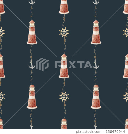 Pattern red lighthouse, anchor, steering wheel, waves, rope stripe. Illustration watercolor is hand-drawn in childish style. Print on dark blue background for textiles fabrics baby clothing, wallpaper Pattern red lighthouse, anchor, steering wheel, waves, rope stripe. Illustration watercolor is hand-drawn in childish style. Print on dark blue background for textiles fabrics baby clothing, wallpaper 138470944