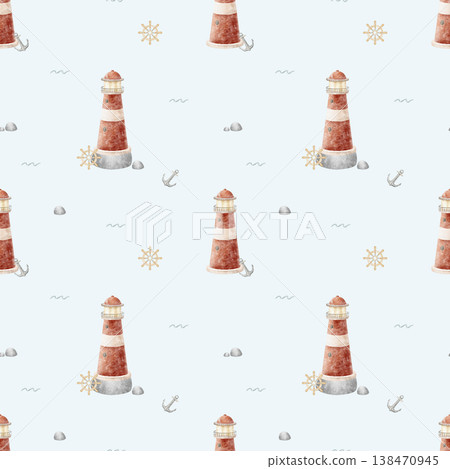 Pattern watercolor red lighthouse, anchor, steering wheel, waves, rocks. Illustration is hand-drawn in childish style. Print on blue background for textiles, fabrics, baby clothing, nursery wallpaper Pattern watercolor red lighthouse, anchor, steering wheel, waves, rocks. Illustration is hand-drawn in childish style. Print on blue background for textiles, fabrics, baby clothing, nursery wallpaper 138470945
