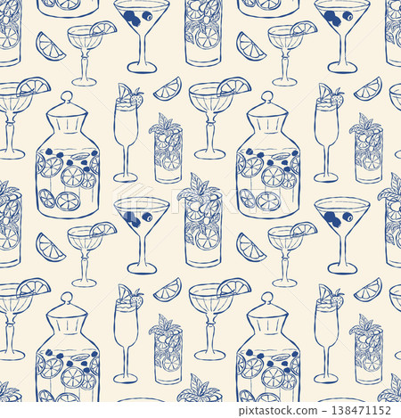 Patterned design featuring classic cocktails and glassware Patterned design featuring classic cocktails and glassware 138471152
