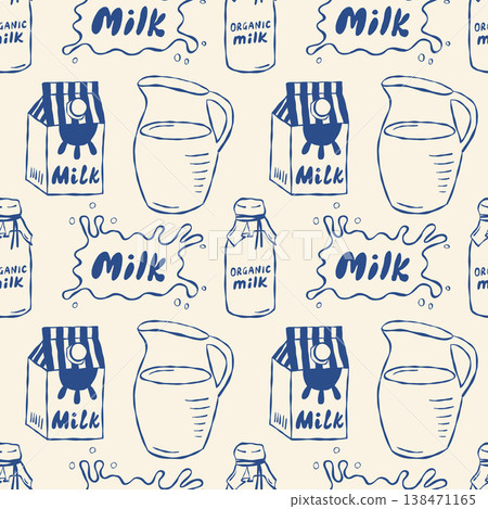 Milk seamless pattern with cartons, pitchers, and splashes Milk seamless pattern with cartons, pitchers, and splashes 138471165