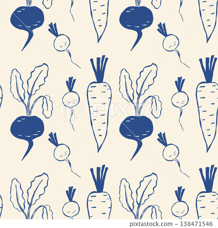 Illustrated carrot and beetroot pattern in blue ink 138471546