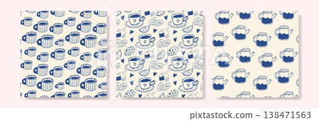 Three blue tea-themed patterns on cream backgrounds, perfect for design projects Three blue tea-themed patterns on cream backgrounds, perfect for design projects 138471563
