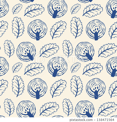 Repeating hand-drawn oak leaf and tree motifs in navy blue on off-white 138471564