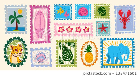 Vintage summer tropical hand drawn postage stamps 138471601
