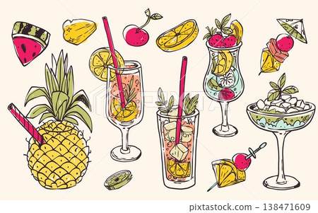 Vintage doodle cocktail, tropical bar sketch print 138471609