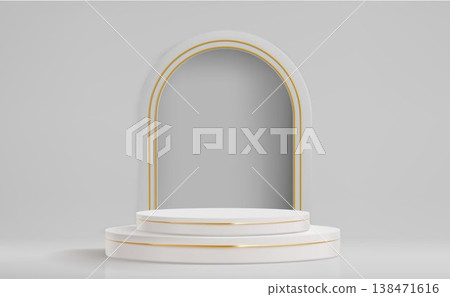 White gold 3D podium with elegant arch backdrop White gold 3D podium with elegant arch backdrop 138471616