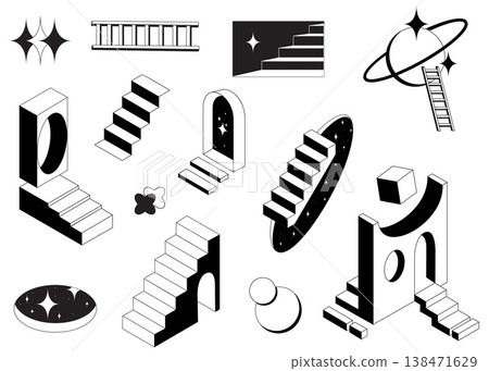 Surreal 3D doors with impossible geometric stairs 138471629