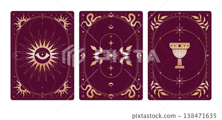 Red tarot cards set with celestial moon and sun Red tarot cards set with celestial moon and sun 138471635