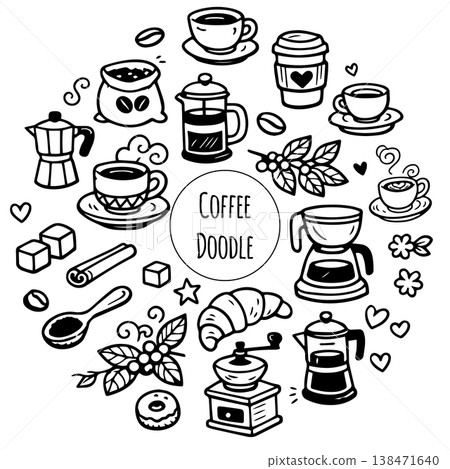 Cute doodle cartoon coffee shop icons. Outline hand drawn for coffee and bakery for cafe menu Cute doodle cartoon coffee shop icons. Outline hand drawn for coffee and bakery for cafe menu 138471640