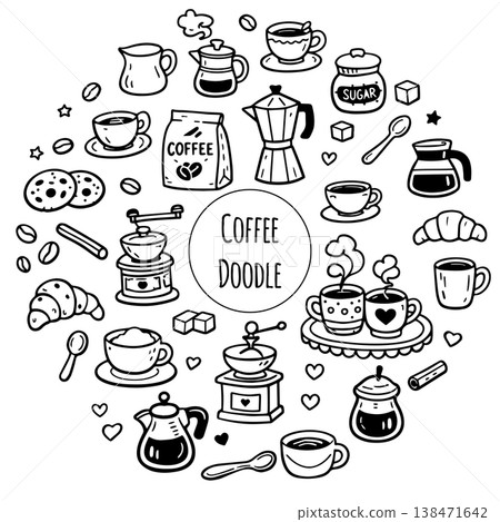 Cute doodle cartoon coffee shop icons. Outline hand drawn for coffee and bakery for cafe menu Cute doodle cartoon coffee shop icons. Outline hand drawn for coffee and bakery for cafe menu 138471642