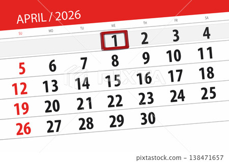 Calendar 2026, deadline, day, month, page, organizer, date, April, wednesday, number 1 Calendar 2026, deadline, day, month, page, organizer, date, April, wednesday, number 1 138471657