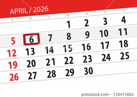 Calendar 2026, deadline, day, month, page, organizer, date, April, monday, number 6 138471662