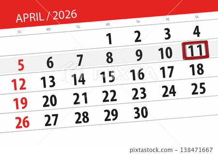 Calendar 2026, deadline, day, month, page, organizer, date, April, saturday, number 11 138471667