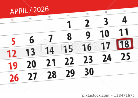 Calendar 2026, deadline, day, month, page, organizer, date, April, saturday, number 18 138471675
