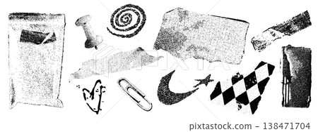 Grunge photocopy set of paper pin and clip Grunge photocopy set of paper pin and clip 138471704