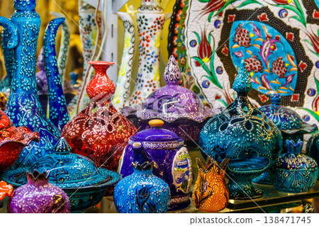 Traditional turkish crockery at oriental bazaar. Souvenirs from Turkey Traditional turkish crockery at oriental bazaar. Souvenirs from Turkey 138471745