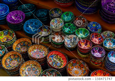 Traditional turkish crockery at oriental bazaar. Souvenirs from Turkey Traditional turkish crockery at oriental bazaar. Souvenirs from Turkey 138471747