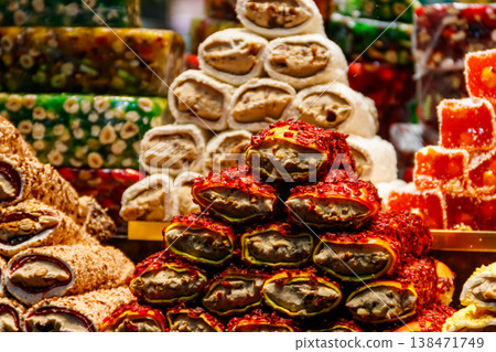 Traditional Turkish delight for sale at the market counter 138471749