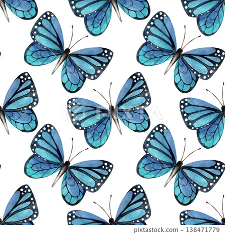 Watercolor seamless pattern with blue butterflies. Hand drawn illustration of tropical insects in a simple, colorful style for fabric design and print. Watercolor seamless pattern with blue butterflies. Hand drawn illustration of tropical insects in a simple, colorful style for fabric design and print. 138471779