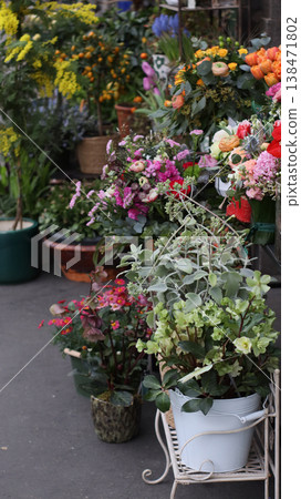Flower shop display with potted plants and bouquets arranged outside storefront. Colorful selection for gardening, retail sale, decoration use, seasonal flowers and urban street market scene. Flower shop display with potted plants and bouquets arranged outside storefront. Colorful selection for gardening, retail sale, decoration use, seasonal flowers and urban street market scene. 138471802