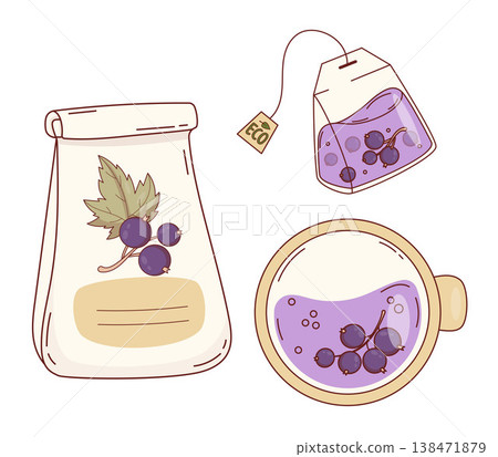 Blackcurrant Eco Natural Tea. Paper Bag with Dried Leaves, Purple Berry Drink, Herbal Infusion in Bag and Cup Top View. Isolated Vector Illustrations. Blackcurrant Eco Natural Tea. Paper Bag with Dried Leaves, Purple Berry Drink, Herbal Infusion in Bag and Cup Top View. Isolated Vector Illustrations. 138471879