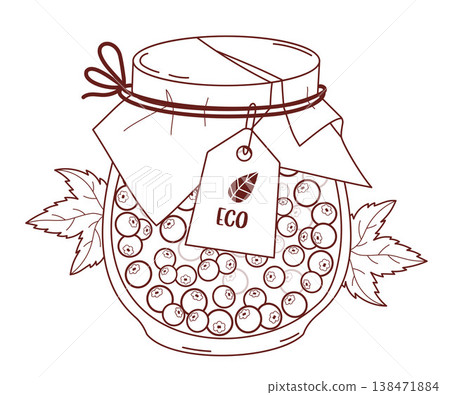 Outline Delicious Homemade Blueberry Jam in Glass Jar with ECO Label and Craft Paper Lid. Vector Illustration. Sweet Preparations. Line drawing, coloring page Outline Delicious Homemade Blueberry Jam in Glass Jar with ECO Label and Craft Paper Lid. Vector Illustration. Sweet Preparations. Line drawing, coloring page 138471884