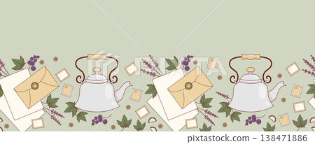 Slow living, Seamless Border. Porcelain Teapot and Blackcurrant Berries. Craft Snail Mail. Vintage Letter and Lavender on Green Background. Horizontal Botanical Vector Illustration with Copy Space. Slow living, Seamless Border. Porcelain Teapot and Blackcurrant Berries. Craft Snail Mail. Vintage Letter and Lavender on Green Background. Horizontal Botanical Vector Illustration with Copy Space. 138471886