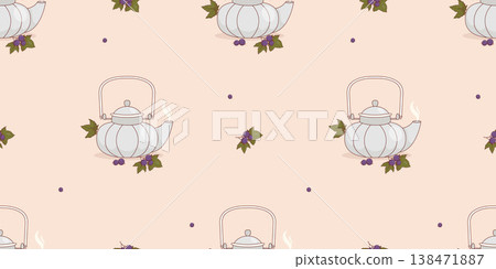 Seamless Pattern with Fine Porcelain Teapots and Blackcurrant Berry on Soft Pink Background. Artisan China Teaware Kitchen Decor. High Tea Aesthetic Ribbed Kettle. Horizontal Vector Illustration. 138471887