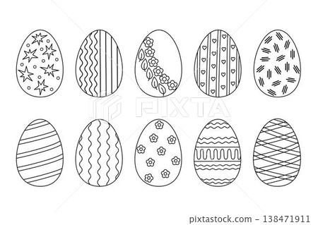Easter holiday symbol outline decorated eggs set in simple doodle vector illustration for spring festive time decor, coloring page, greeting cards, invitations, banners, activities for children Easter holiday symbol outline decorated eggs set in simple doodle vector illustration for spring festive time decor, coloring page, greeting cards, invitations, banners, activities for children 138471911