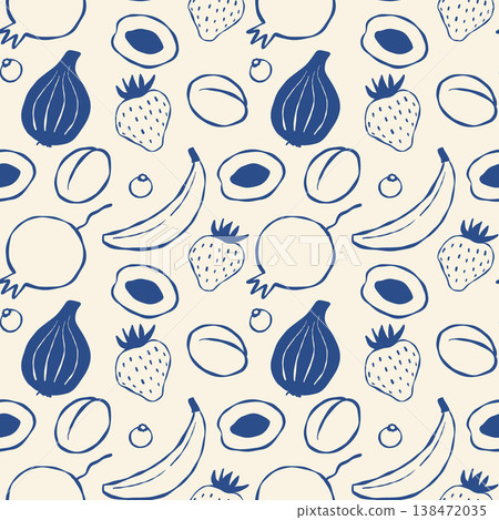 Fruit pattern in blue line art on light beige Fruit pattern in blue line art on light beige 138472035
