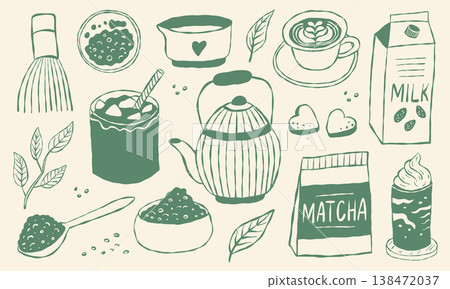 Hand drawn matcha tea set, including teapot, cup, milk, and leaves 138472037
