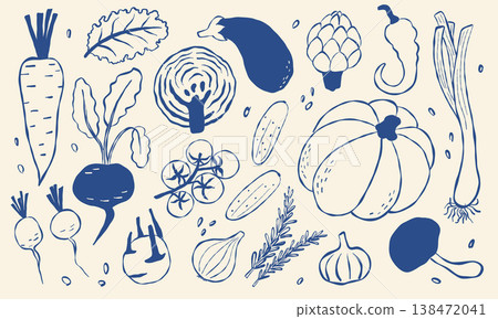 Hand drawn blue sketch of fresh vegetables on cream background Hand drawn blue sketch of fresh vegetables on cream background 138472041